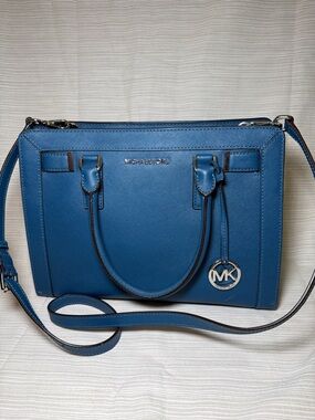 Michael Kors Teal-Blue Saffiano Leather Satchel with MK Charm
